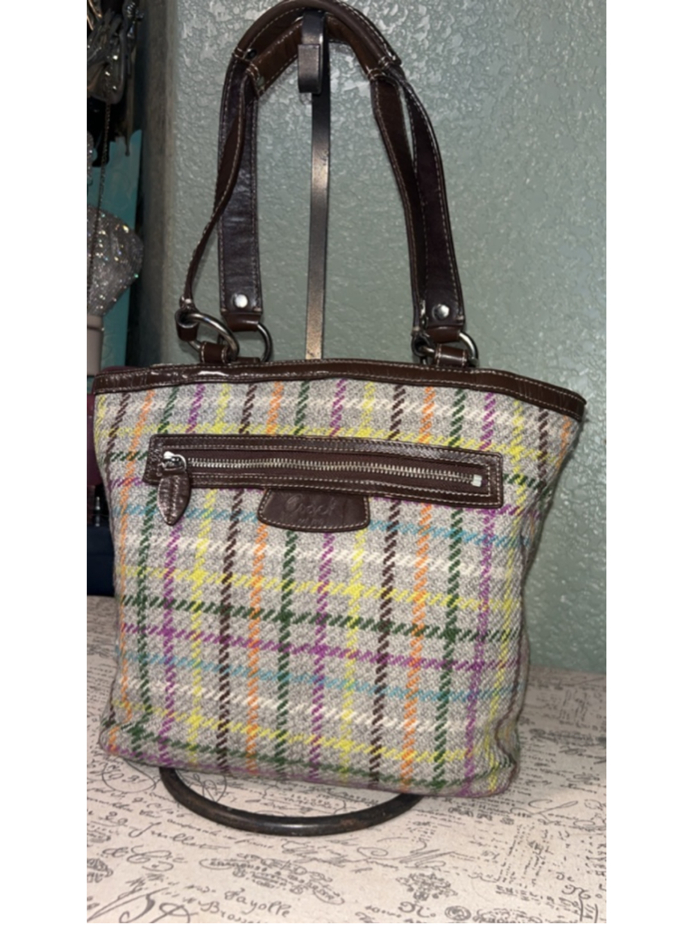 Women's Coach Plaid Shoulder Bag One Size Gray Brown